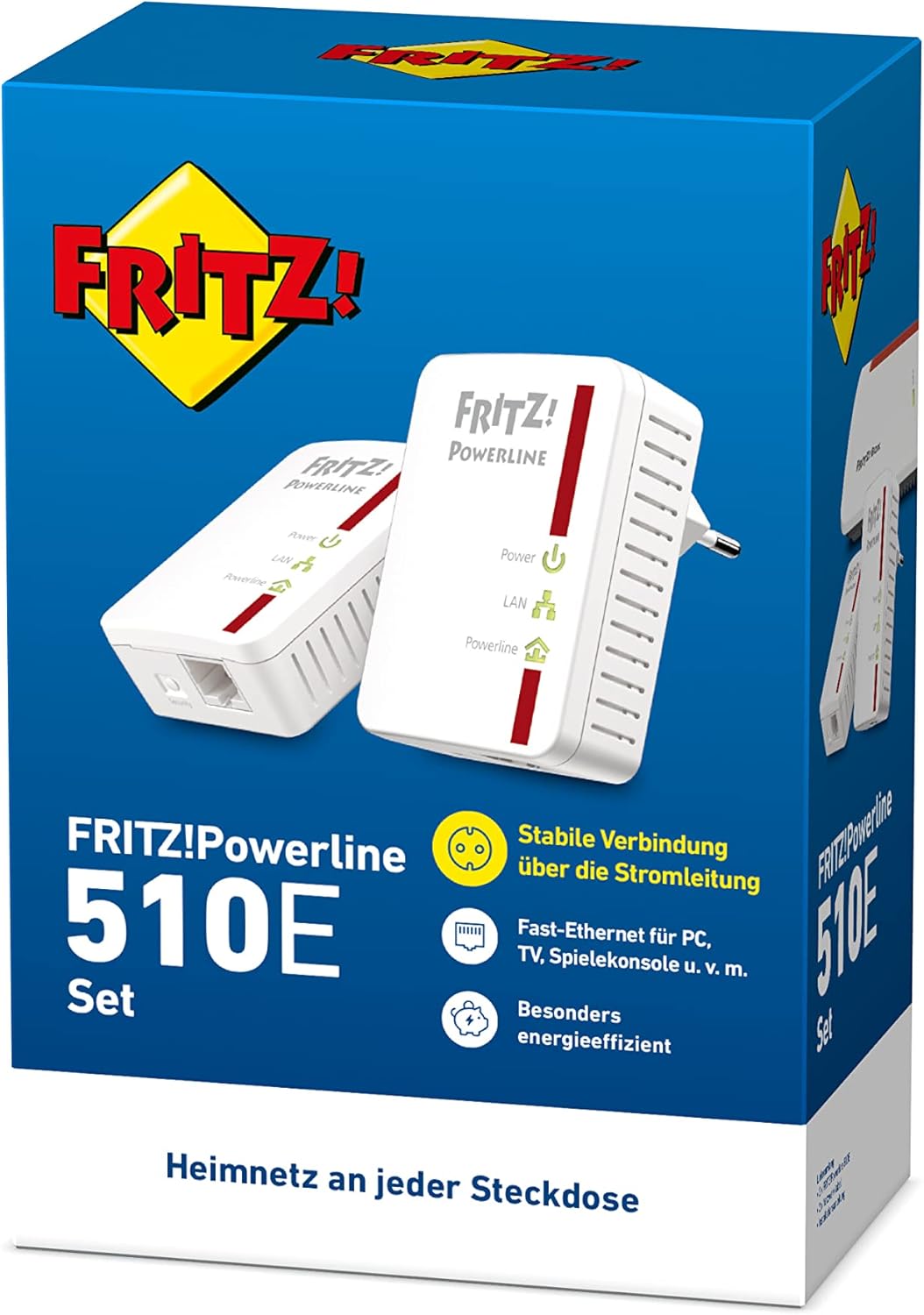 AVM FRITZ!Powerline 510E Set – Powerline-Adapter 500 Mbit/s, 2 Stück | Fast-Ethernet-LAN, Internet über Steckdose