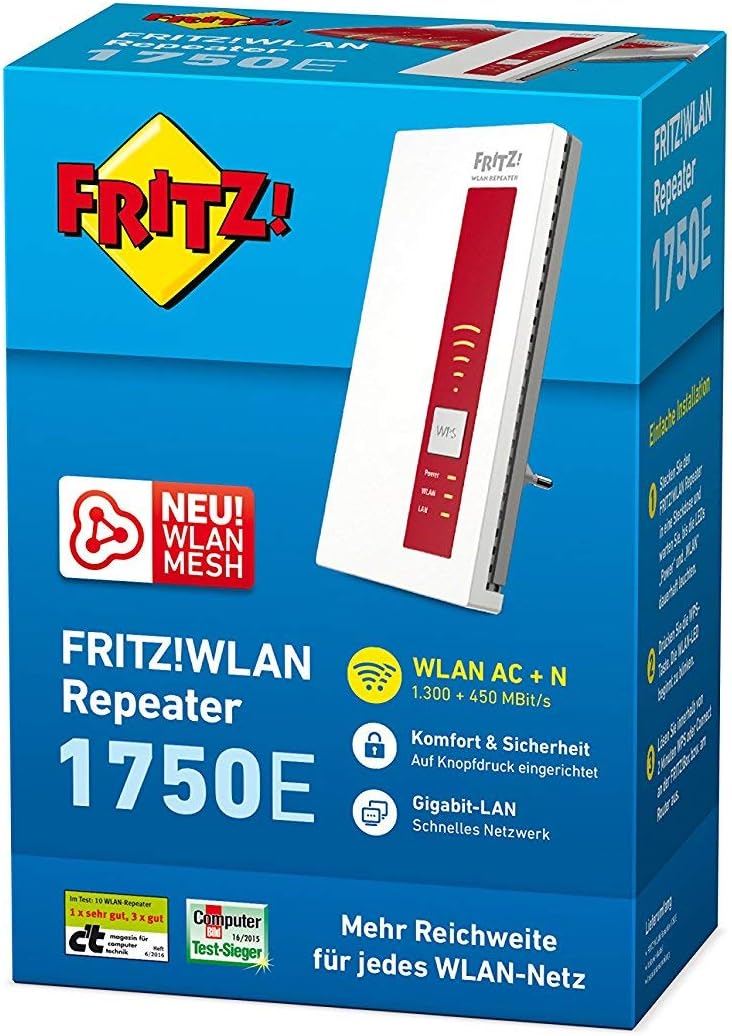 AVM FRITZ!Repeater 1750E – WLAN-Verstärker AC1750 Dualband & Mesh | Gigabit-LAN, Steckdose