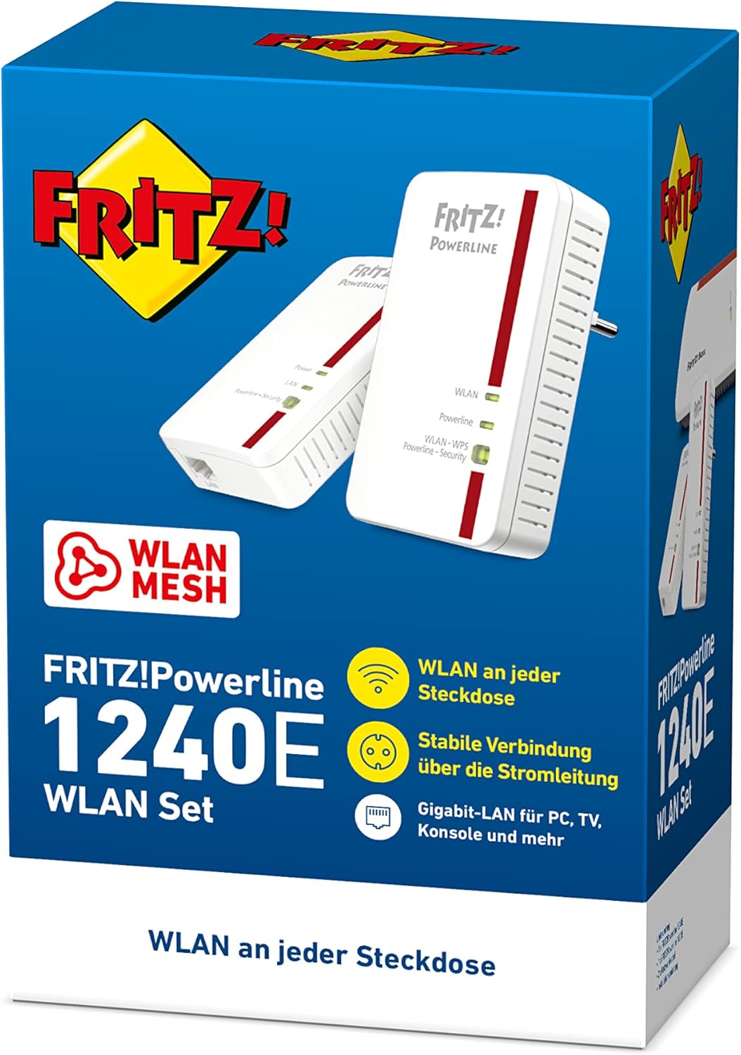 AVM FRITZ!Powerline 1240E/1000E WLAN-Set – Powerline 1200 Mbit/s mit WLAN N (2,4 GHz) & Mesh | 2 Adapter, Gigabit-LAN