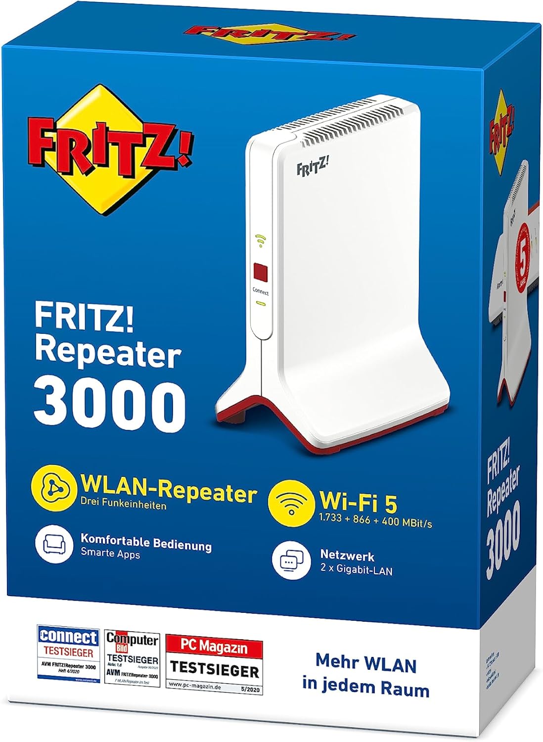 AVM FRITZ!Repeater 3000 – Tri-Band WLAN-Verstärker AC3000 & Mesh | 2x Gigabit-LAN, Standgerät
