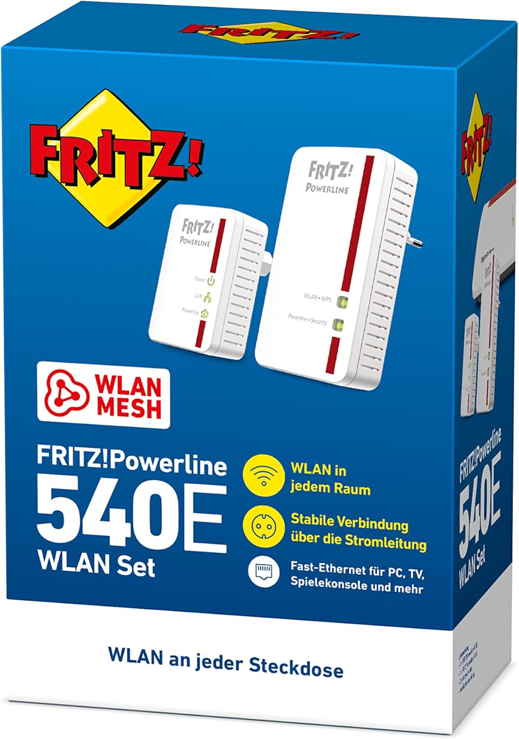 AVM FRITZ!Powerline 540E/510E WLAN-Set – Powerline 500 Mbit/s mit WLAN N (2,4 GHz) | 2 Adapter, Fast-Ethernet-LAN