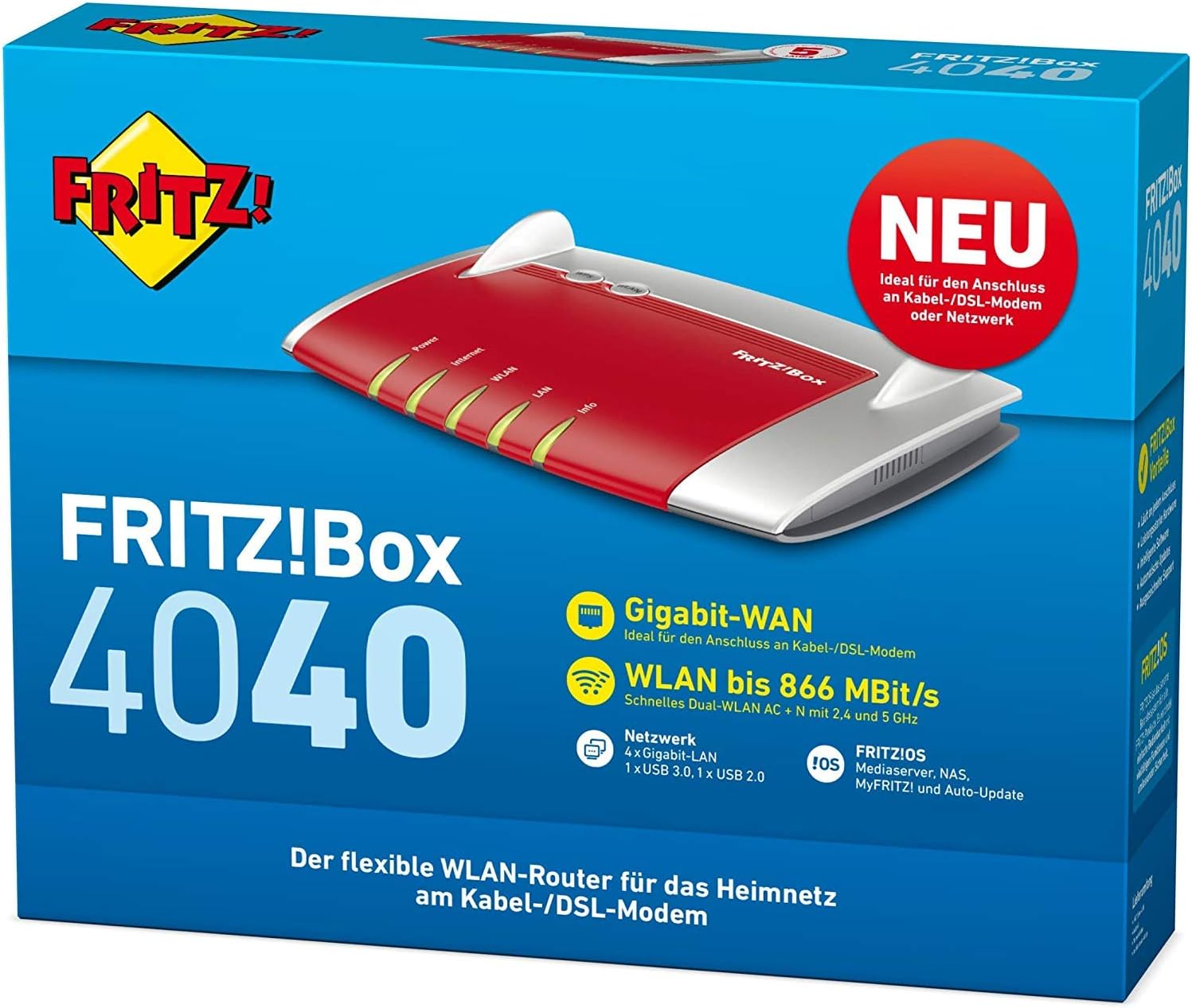 AVM FRITZ!Box 4040 – WLAN-Router ohne Modem, AC1300 Dualband & Mesh | Access Point, Gigabit-LAN
