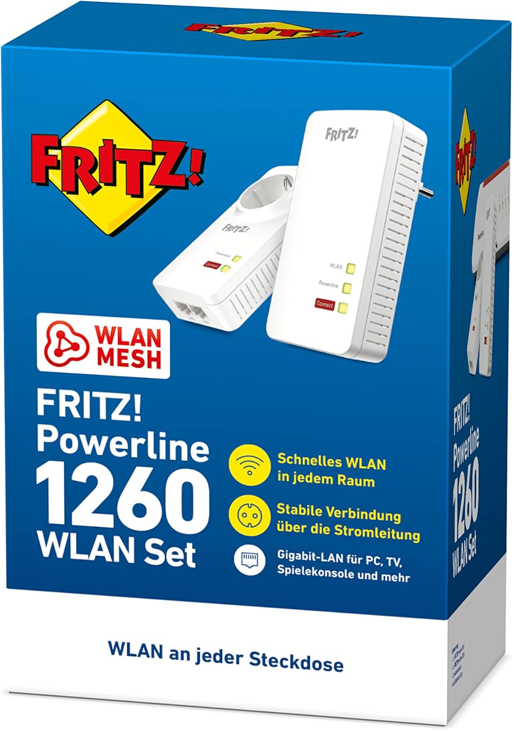 AVM FRITZ!Powerline 1260/1220 WLAN-Set – Powerline 1200 Mbit/s mit WLAN AC Dualband & Mesh | 2 Adapter, Gigabit-LAN