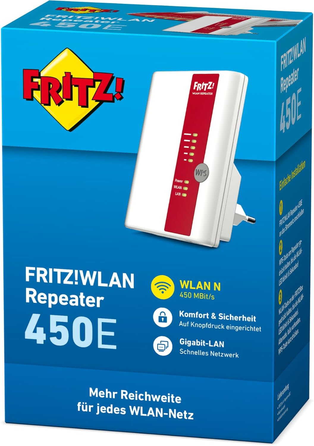 AVM FRITZ!Repeater 450E – WLAN-Verstärker 450 Mbit/s (2,4 GHz), Gigabit-LAN & Mesh | WLAN-Repeater N450
