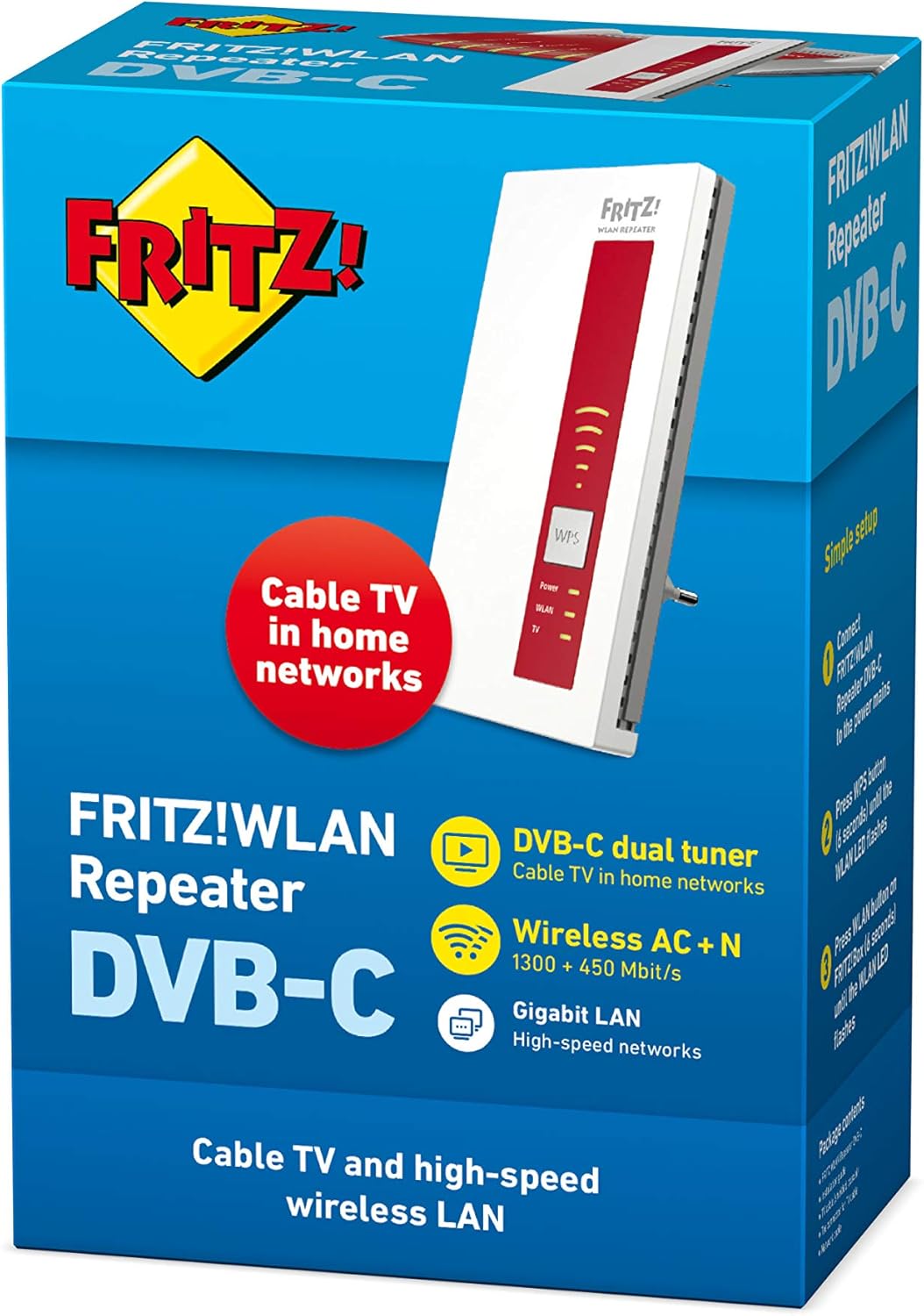 AVM FRITZ!WLAN Repeater DVB-C – WLAN-Verstärker AC1750 Dualband mit Kabel-TV-Tuner (DVB-C) | Gigabit-LAN, Mesh