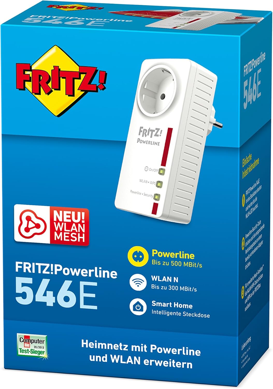 AVM FRITZ!Powerline 546E – Powerline-Adapter 500 Mbit/s mit WLAN N (2,4 GHz) | Fast-Ethernet-LAN, Steckdose