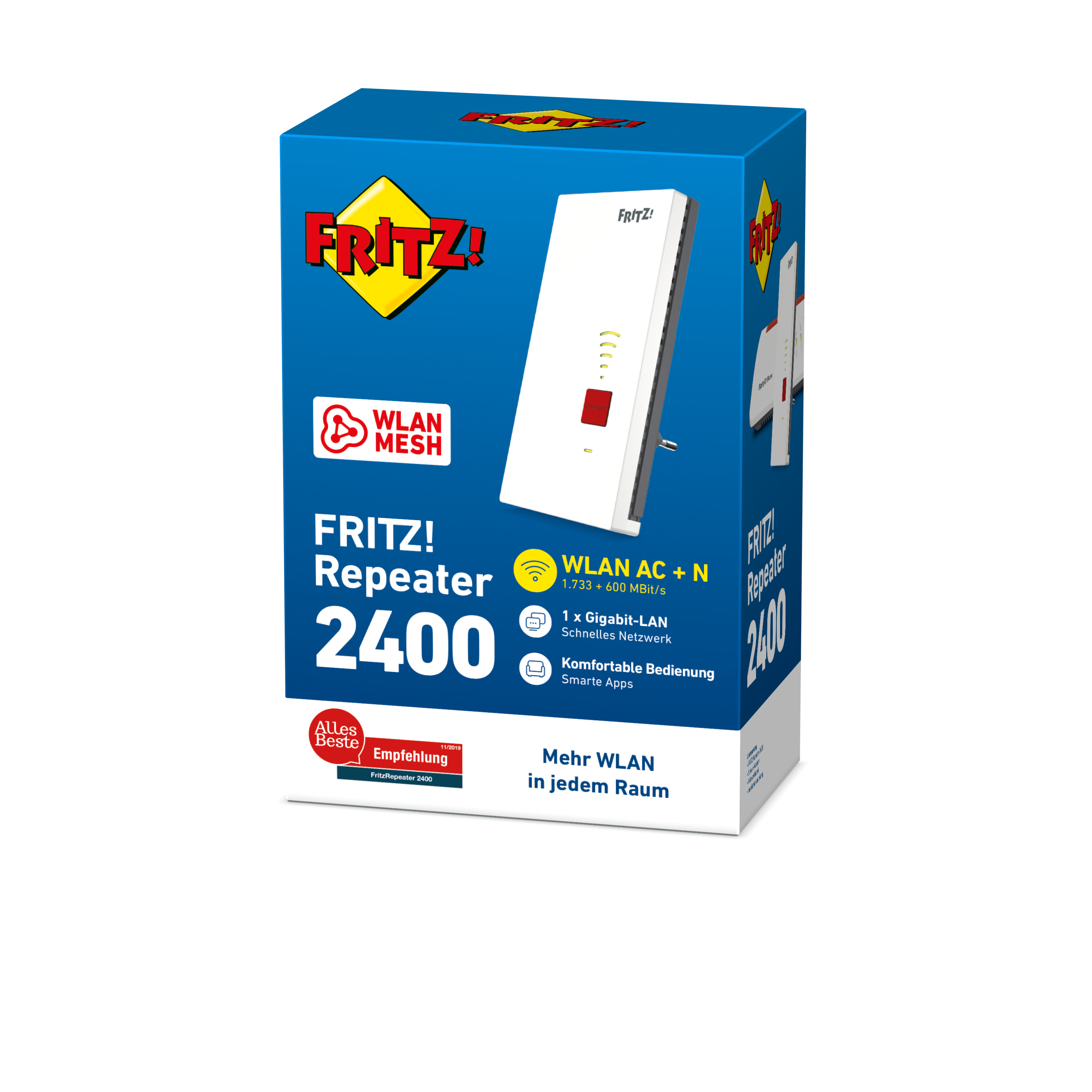 AVM FRITZ!Repeater 2400 – WLAN-Verstärker AC2400 Dualband & Mesh | Gigabit-LAN, Steckdose