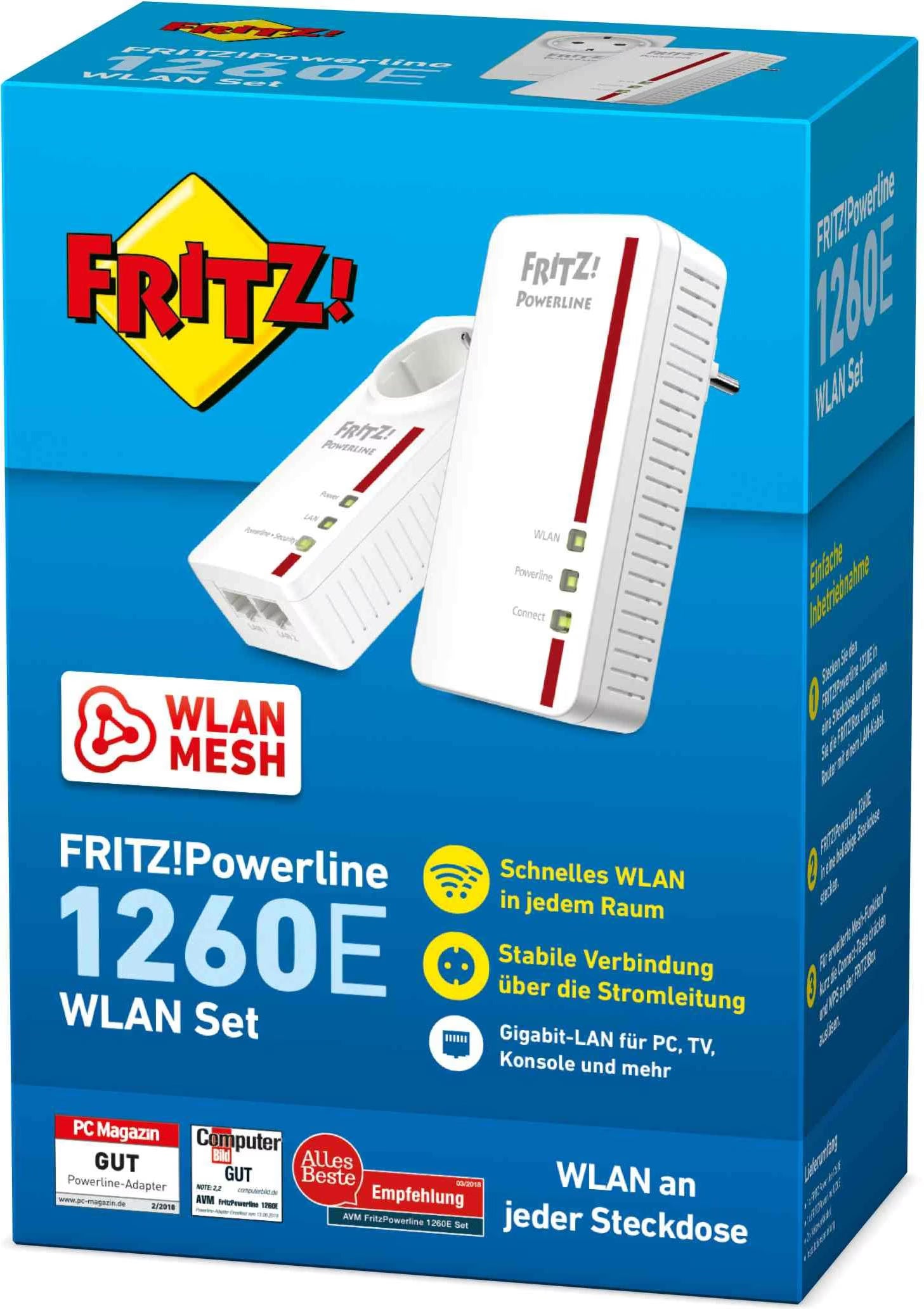 AVM FRITZ!Powerline 1260E/1220E WLAN-Set – Powerline 1200 Mbit/s mit WLAN AC Dualband & Mesh | 2 Adapter, Gigabit-LAN